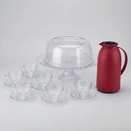 Kit Boleira de Vidro Tampa Confit com 6 Xicaras e Garrafa Termica 1L Cazza Kit111